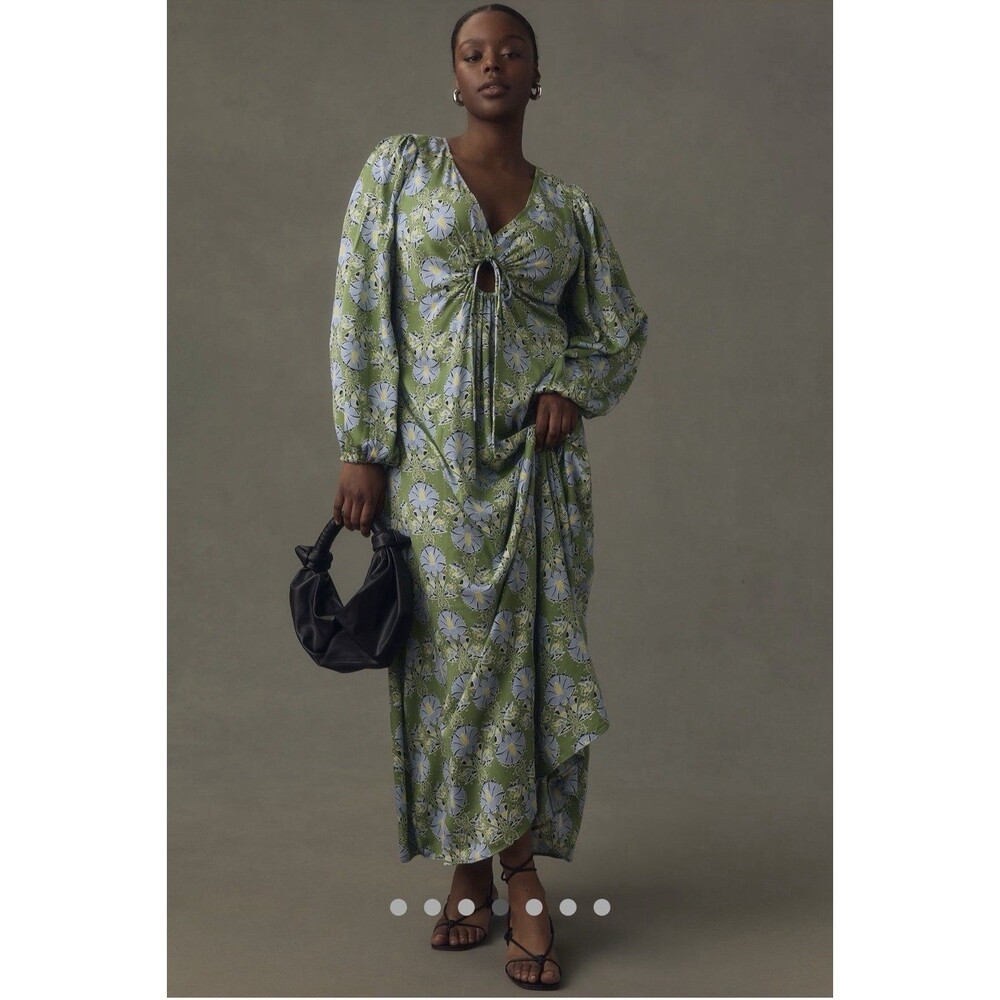 Anthropologie Maxi Dress Let Me Be Long-Sleeve V-Neck Cutout Floral Green Lg NWT